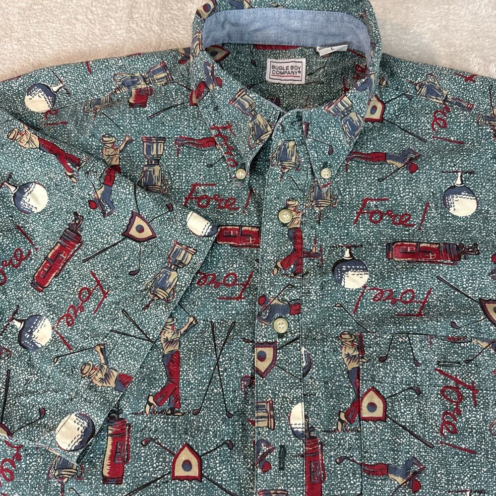 Vintage Bugle Boy Shirt Mens Sz L 90s Golf Button Up Tees Balls Active Masters
